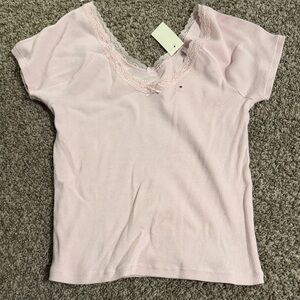 Aeropostale Pink Lace Trim Ribbed T-Shirt